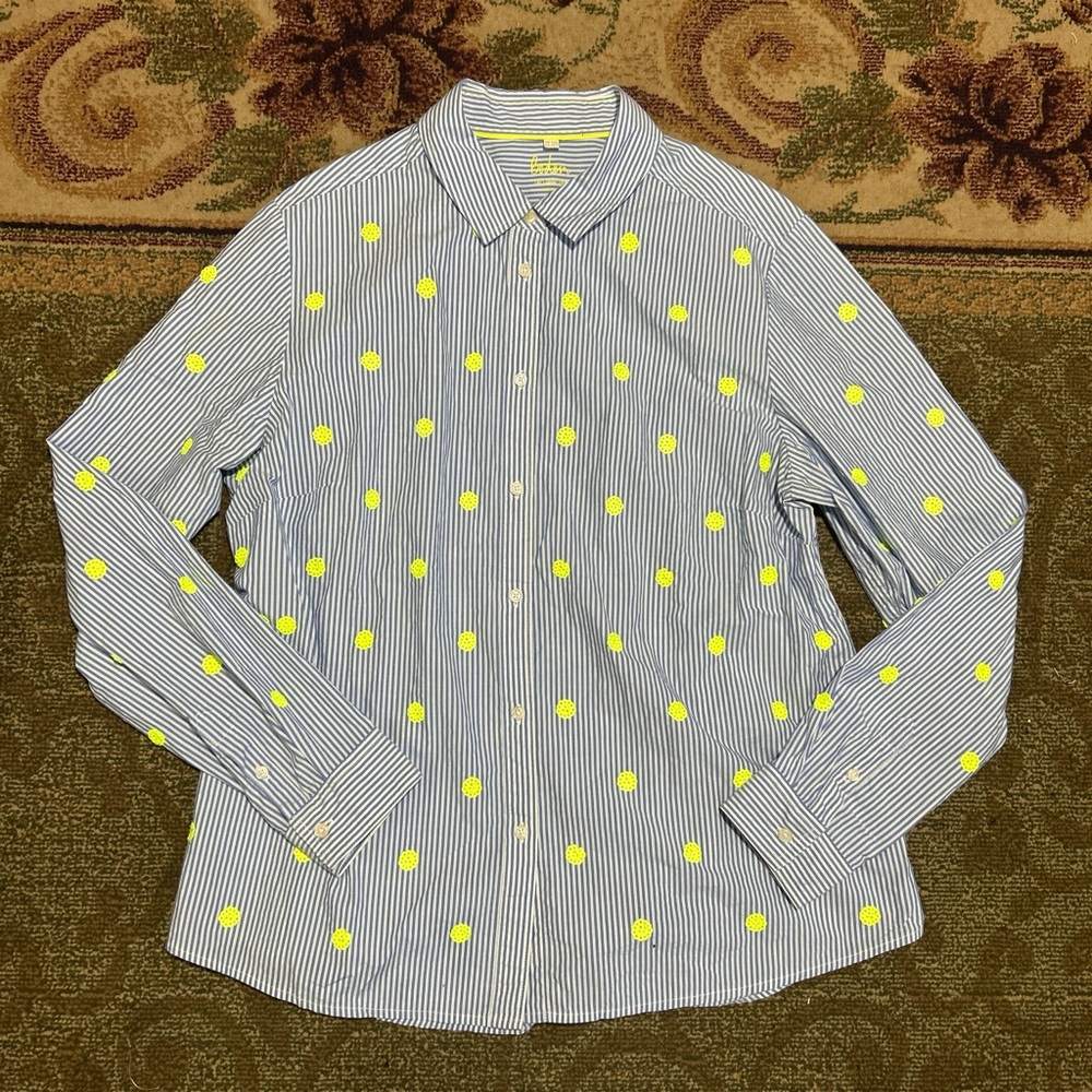 Boden cotton pinstripe sequin polka dot button up longsleeve shirt Sz 12 r